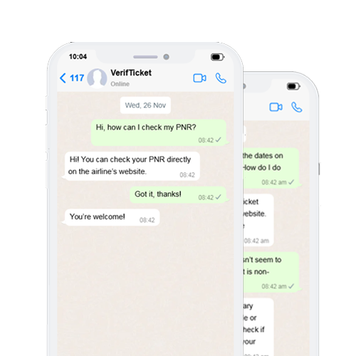 Smartphone mockup showing WhatsApp chat between customer and support team for quick assistance on onward tickets