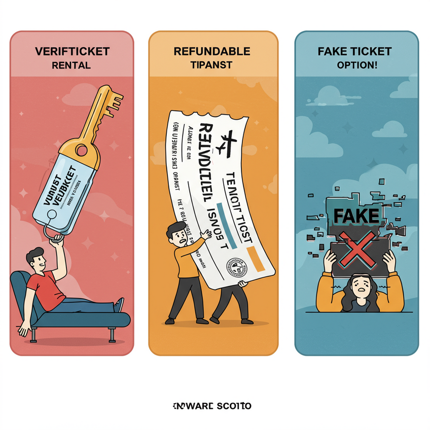 Cartoon comparison of onward ticket options: a happy traveler with an affordable VerifTicket key, a stressed traveler struggling to hold a giant expensive ticket, and a worried traveler looking at a glitching, disintegrating 'Fake Ticket' with a large red X over it.
