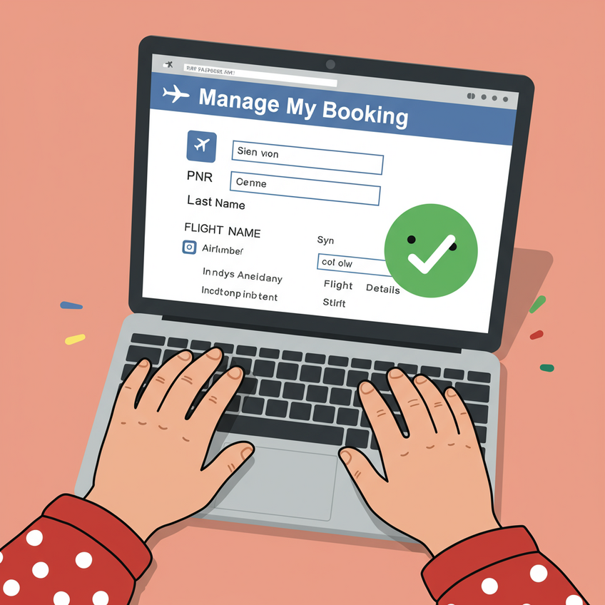 A laptop screen showing a successful PNR verification on an airline's 'Manage My Booking' page, indicated by a large green checkmark.