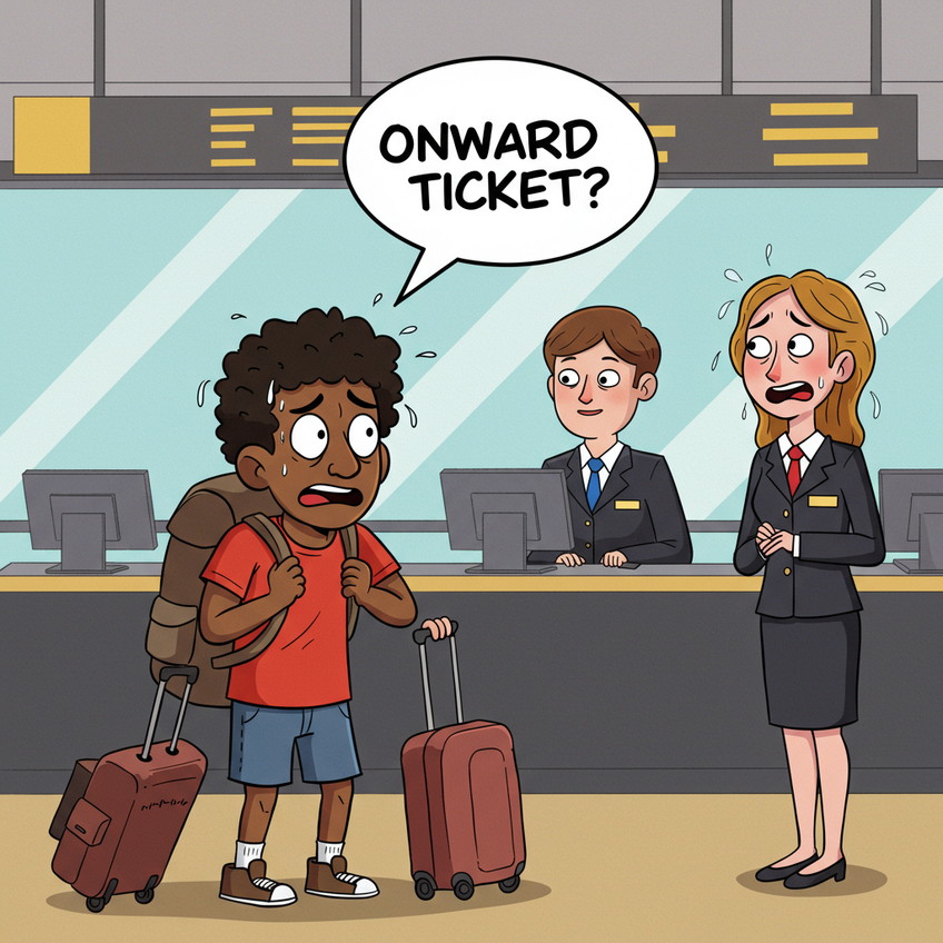 A cartoon backpacker sweating nervously at an airport check-in counter as the agent asks for an onward ticket.