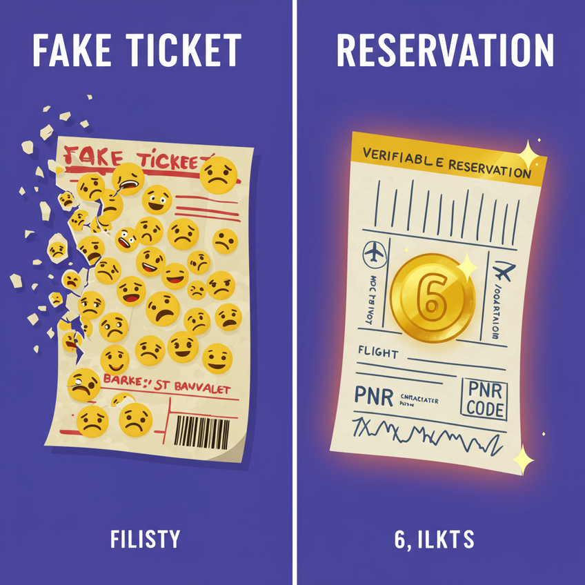 A split-screen illustration showing a fake ticket dissolving versus a verifiable reservation with a solid, glowing PNR code.