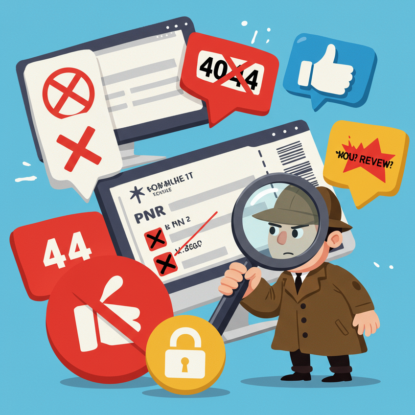 A cartoon detective inspecting a suspicious flight ticket for red flags like a missing PNR and bad reviews.