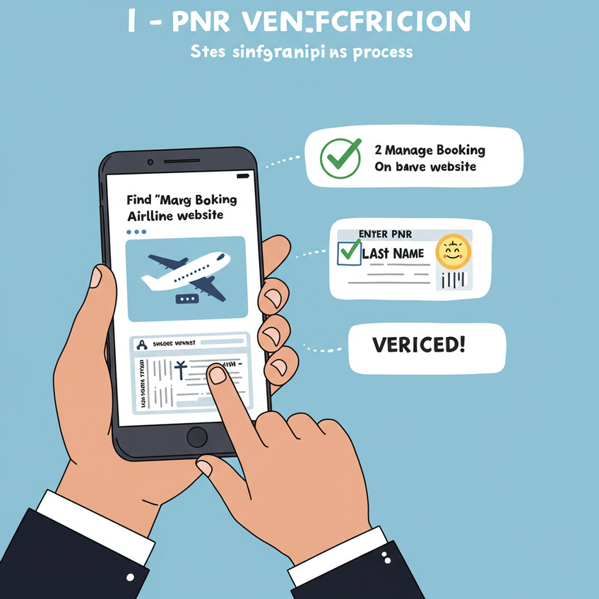 Infographic showing a hand holding a phone and verifying a PNR on an airline website, resulting in a green checkmark.