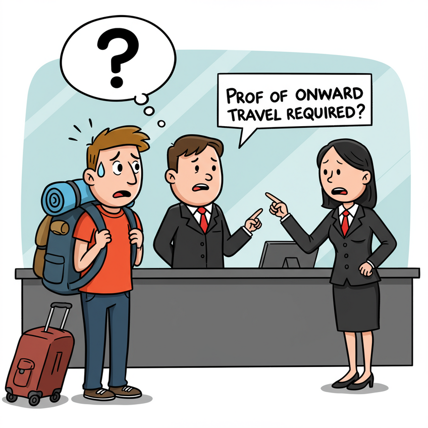 A cartoon of a worried traveler at an airline check-in counter asking for proof of onward travel, highlighting the anxiety this requirement can cause.