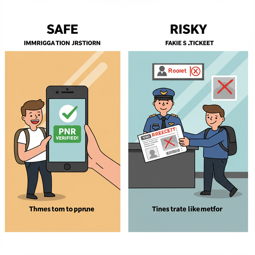 A split-panel cartoon showing a happy traveler with a verifiable PNR being approved, contrasted with a risky attempt to use a fake ticket being rejected.