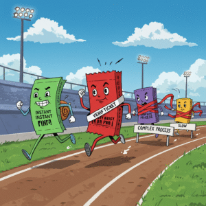 A fun cartoon of a racetrack comparing onward ticket services, with VerifTicket shown as the confident leader, highlighting speed and reliability.