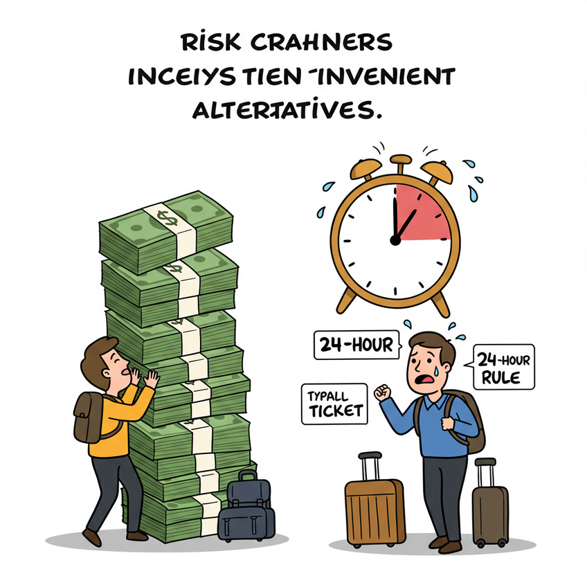 A cartoon highlighting the risks of alternatives, showing one person struggling with a large stack of cash for a refundable ticket and another anxiously watching a 24-hour clock.