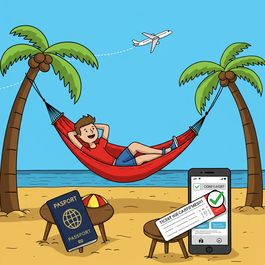 A cartoon of a relaxed traveler in a hammock on a beach, with their passport and a verified ticket on their phone, symbolizing peace of mind.