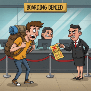A fun cartoon showing a traveler being denied boarding at the airport because of a fake onward ticket, illustrating the risks of non-compliance.