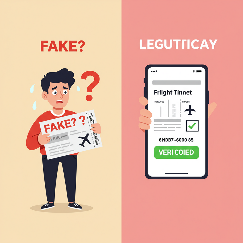 A split-screen cartoon comparing a fake ticket to a verifiable PNR reservation. On the left, a stressed traveler holds a fake ticket. On the right, a confident traveler shows a smartphone with a verified PNR, illustrating the security of a legitimate booking.