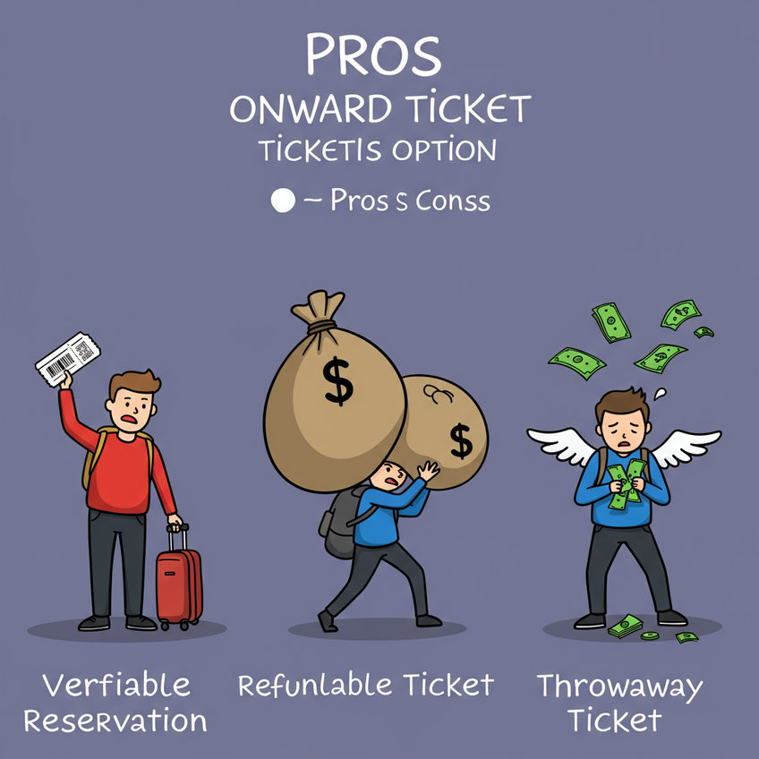 A cartoon comparing onward travel options: a relaxed traveler with a verifiable reservation, one struggling with a bag of money for a refundable ticket, and one sadly watching their money fly away for a throwaway ticket. This visually explains the pros and cons.