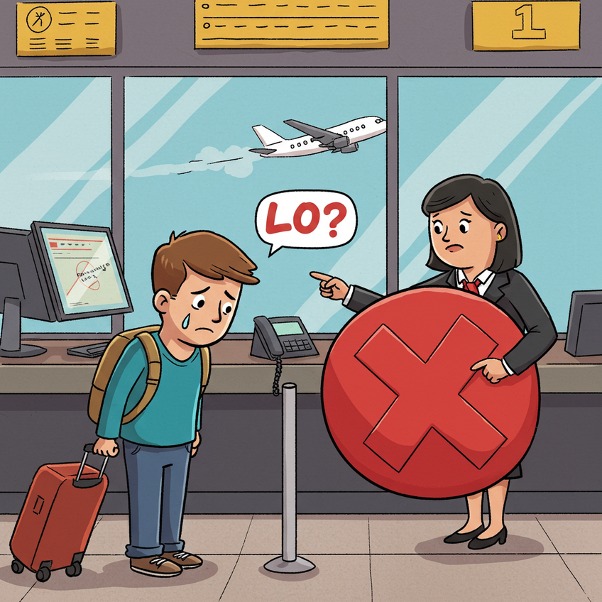 Cartoon of a traveler being denied boarding at an airport, illustrating the risk of not having proof of onward travel.