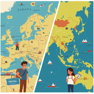 A playful split-screen illustration comparing onward ticket rules. Europe side shows a traveler with a train ticket; Asia side shows a traveler with a mandatory plane ticket.