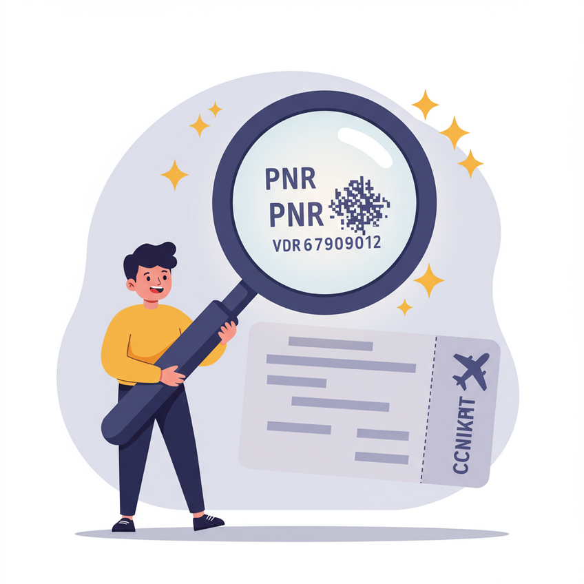 Cartoon character verifying a flight ticket's PNR with a magnifying glass, ensuring its legitimacy.