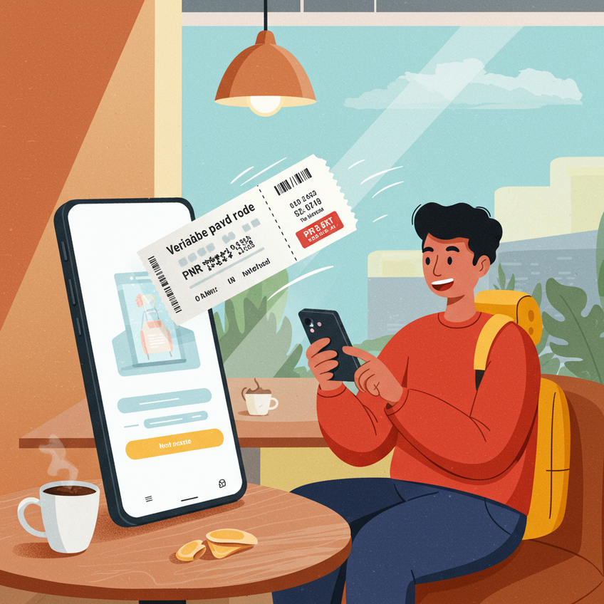 Illustration of a traveler easily getting a verifiable onward ticket on their smartphone, showing a fast and modern solution.