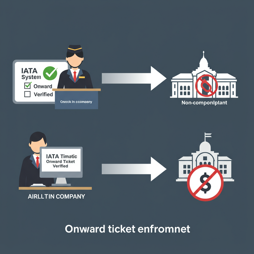 Diagram showing airlines check onward tickets to avoid fines from Thai authorities.