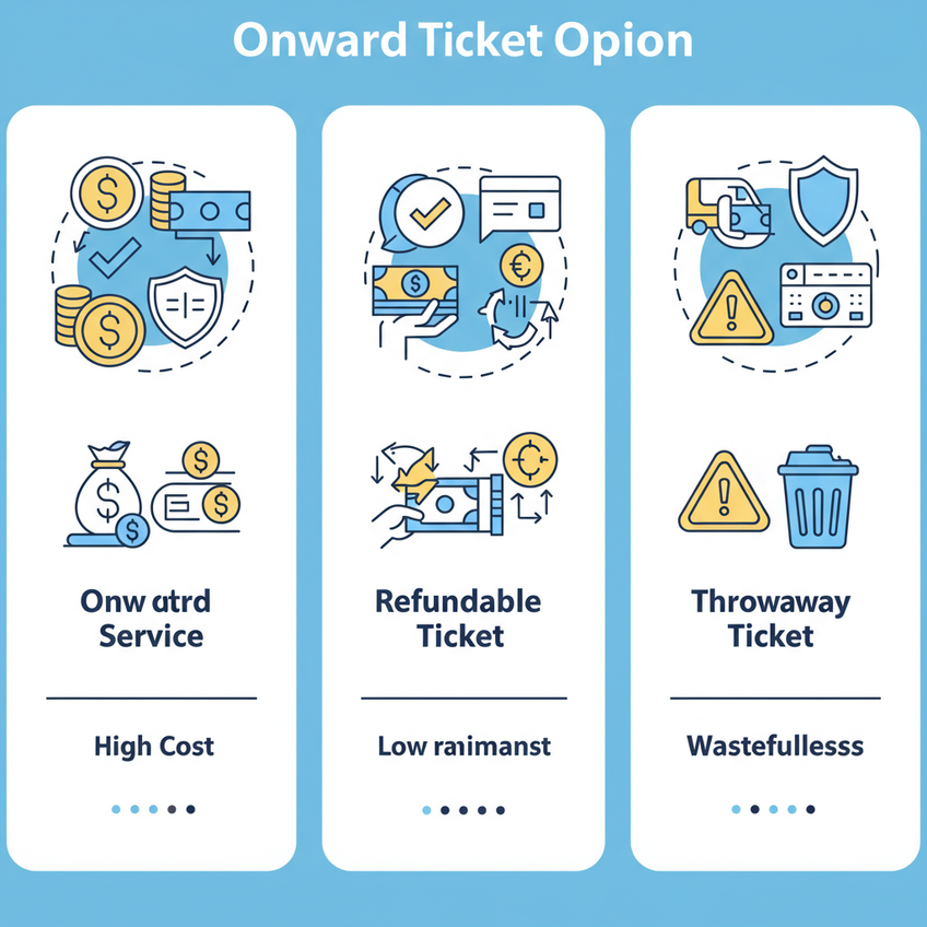 Comparison chart of onward ticket methods: Service, Refundable Ticket, and Throwaway Ticket.