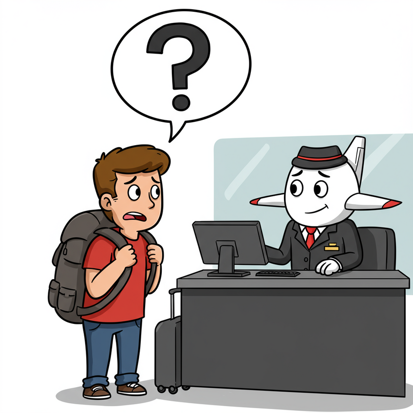 Illustration of a nervous traveler at a check-in counter being asked for proof of onward travel by a friendly airplane character, symbolizing the mandatory requirement.