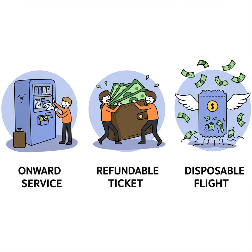 Triptych cartoon comparing onward ticket options: an easy ticket service, a costly refundable ticket, and a wasteful disposable flight.