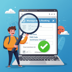 Playful illustration of a traveler using a magnifying glass to verify their PNR on an official airline website, confirmed with a large green checkmark, demonstrating how to check if an onward ticket is real.