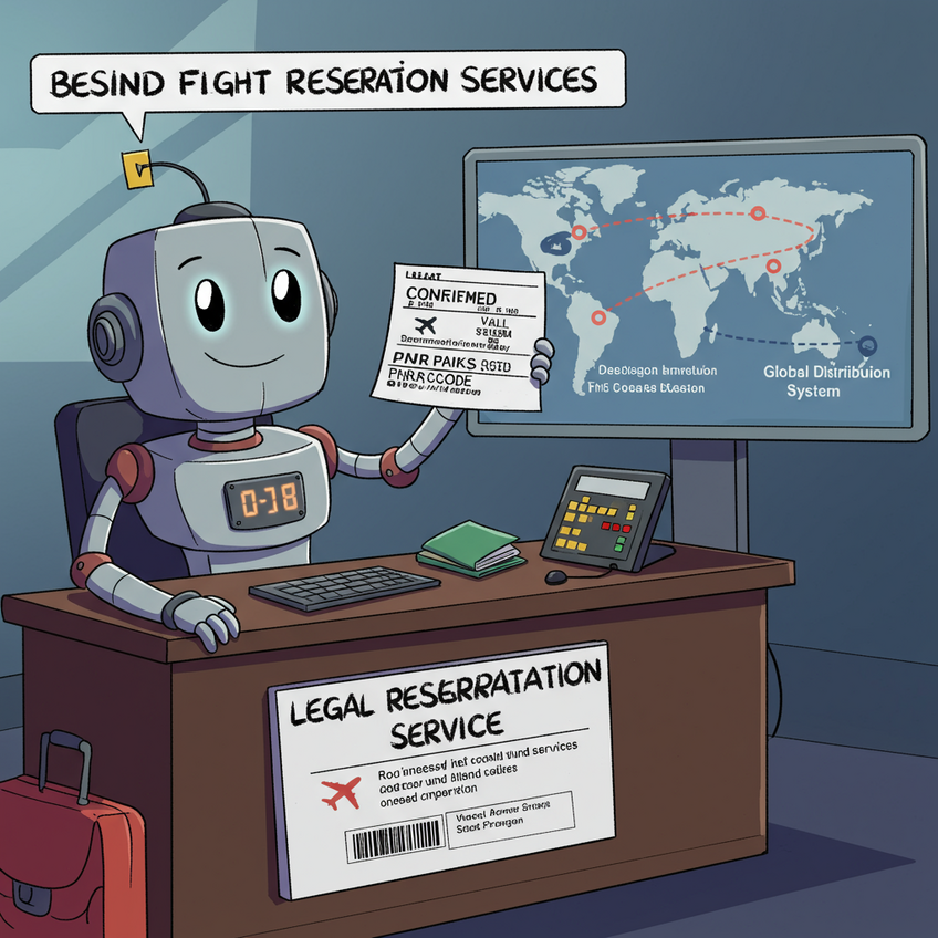 Illustration showing a legal reservation service robot creating a valid onward ticket with a PNR from a Global Distribution System, explaining the legal process.