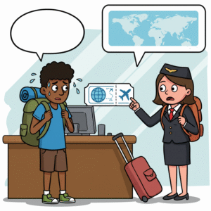 A fun cartoon showing a stressed traveler at check-in, illustrating the concept of why airlines and countries require proof of onward travel.