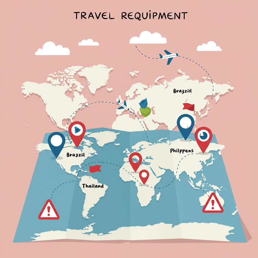 A fun and playful illustration of a stylized, cartoonish world map. Several countries mentioned in the article (like Brazil, UK, Thailand, Philippines) are slightly enlarged and highlighted with colorful pins. Cute, small airplanes are flying towards these pinned locations, each with a little red flag icon, symbolizing a travel requirement alert.