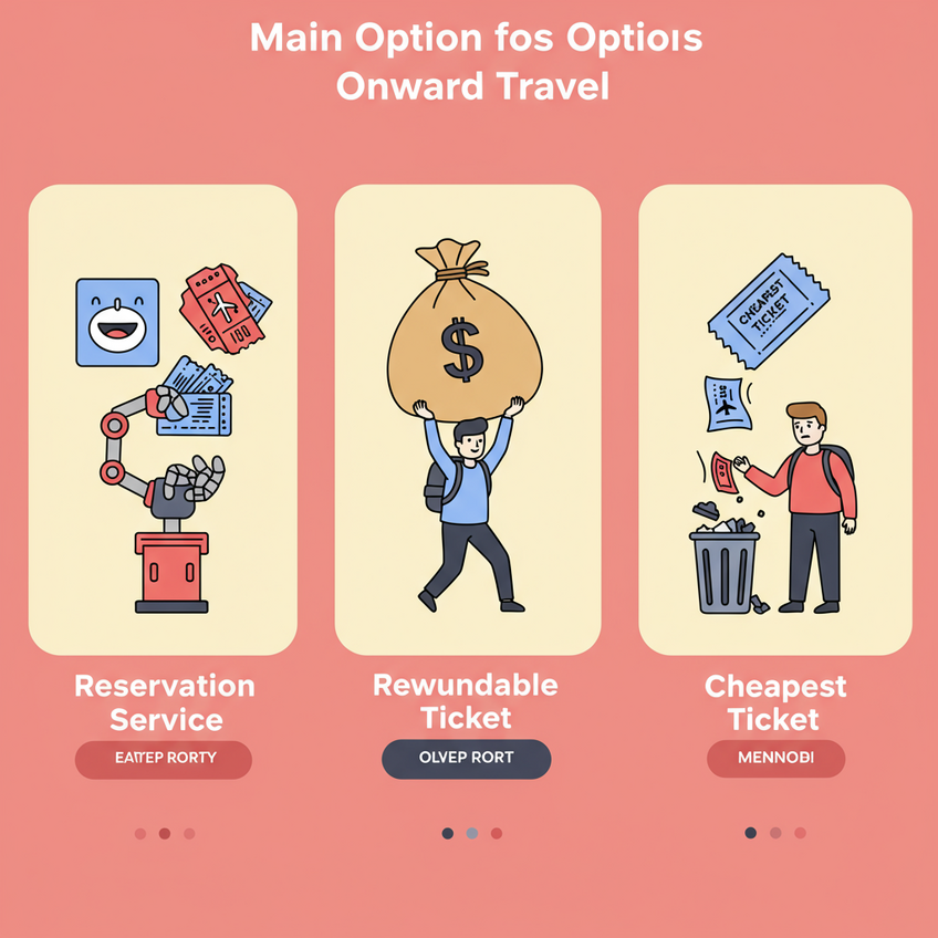 A fun and playful triptych (three-panel) illustration comparing the three main options for onward travel. Panel 1: A happy traveler quickly gets a ticket from a smiling robot arm labeled 'Reservation Service'. Panel 2: A struggling traveler is trying to lift a huge, heavy bag of money labeled 'Refundable Ticket'. Panel 3: A sad traveler watches a ticket labeled 'Cheapest Ticket' fly directly into a trash can.