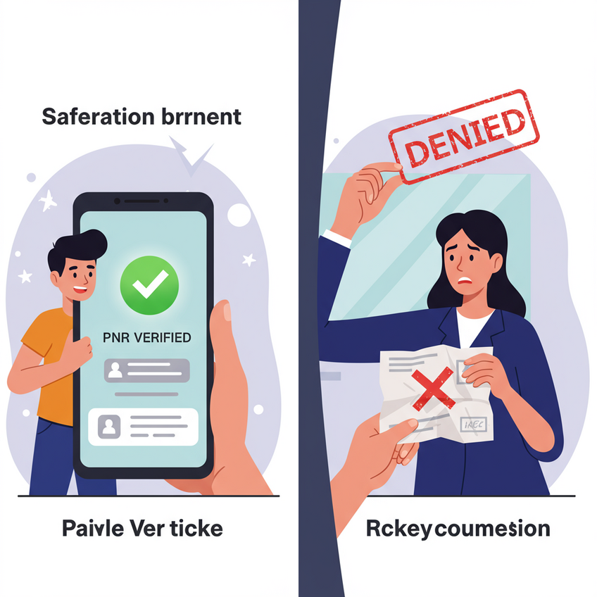 A fun and playful split-screen illustration showing the difference between a safe and a risky travel document. On the left side, a happy traveler confidently shows a phone screen with a ticket and a large, glowing green checkmark with 'PNR Verified' text to a smiling immigration officer. On the right side, a nervous traveler hands over a crumpled, fake-looking ticket with a big red 'X' on it, causing the officer to hold up a large 'DENIED' stamp.