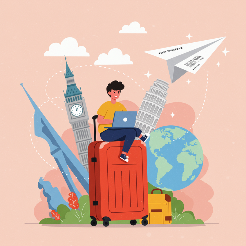 A fun and playful illustration of a digital nomad character sitting happily on top of a suitcase, working on a laptop. A paper airplane made from a verifiable ticket confirmation is flying smoothly around them, leaving a sparkling trail. The background shows iconic global landmarks in a simplified, cheerful style, emphasizing freedom and flexibility.