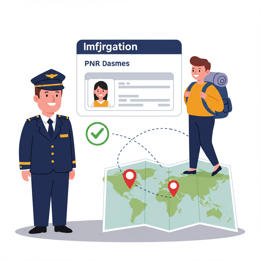 Illustration of an immigration officer checking PNR data on a screen, linked to a traveler on a world map, symbolizing the global PNR system.