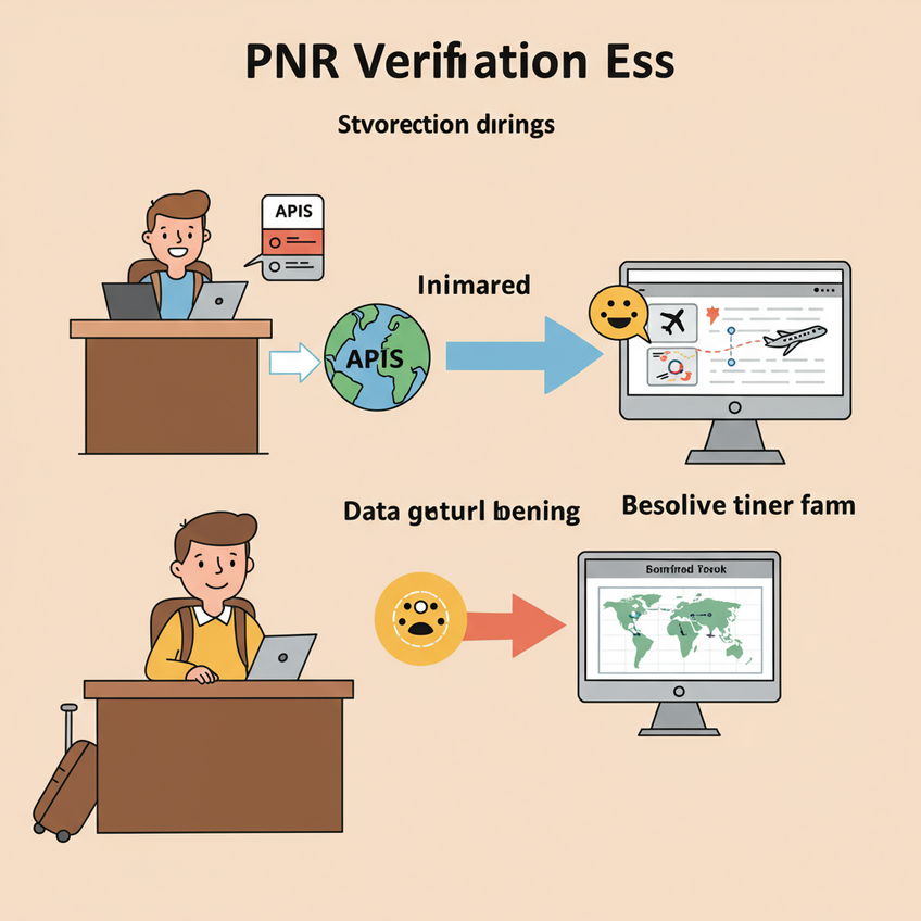 Diagram showing a traveler at check-in, with their PNR data flowing through the APIS system to an immigration computer, confirming their flight itinerary.