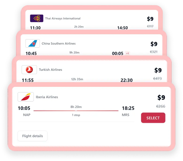 Screenshot of the Pick My Flight option showing multiple flight choices for creating a customized onward ticket