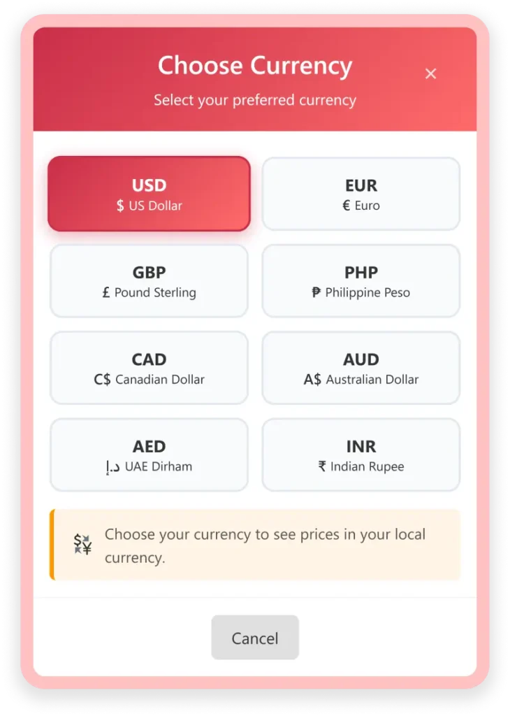 Screenshot of the Preferred Currency option allowing customers to pay for onward tickets in their chosen currency