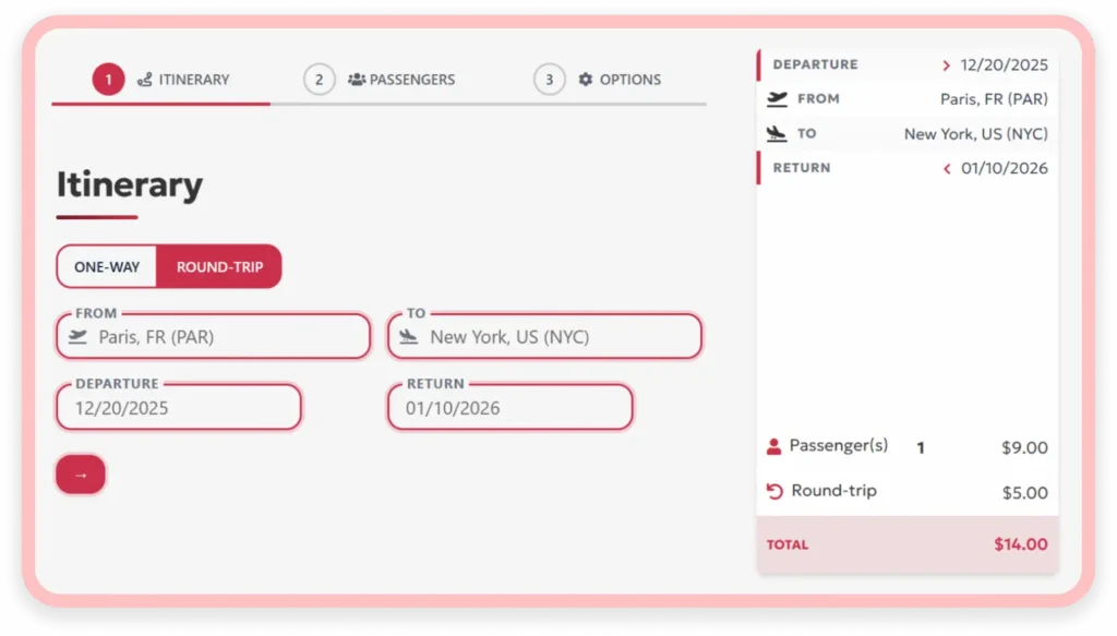 Screenshot of the simple order form to quickly get an onward with a valid PNR